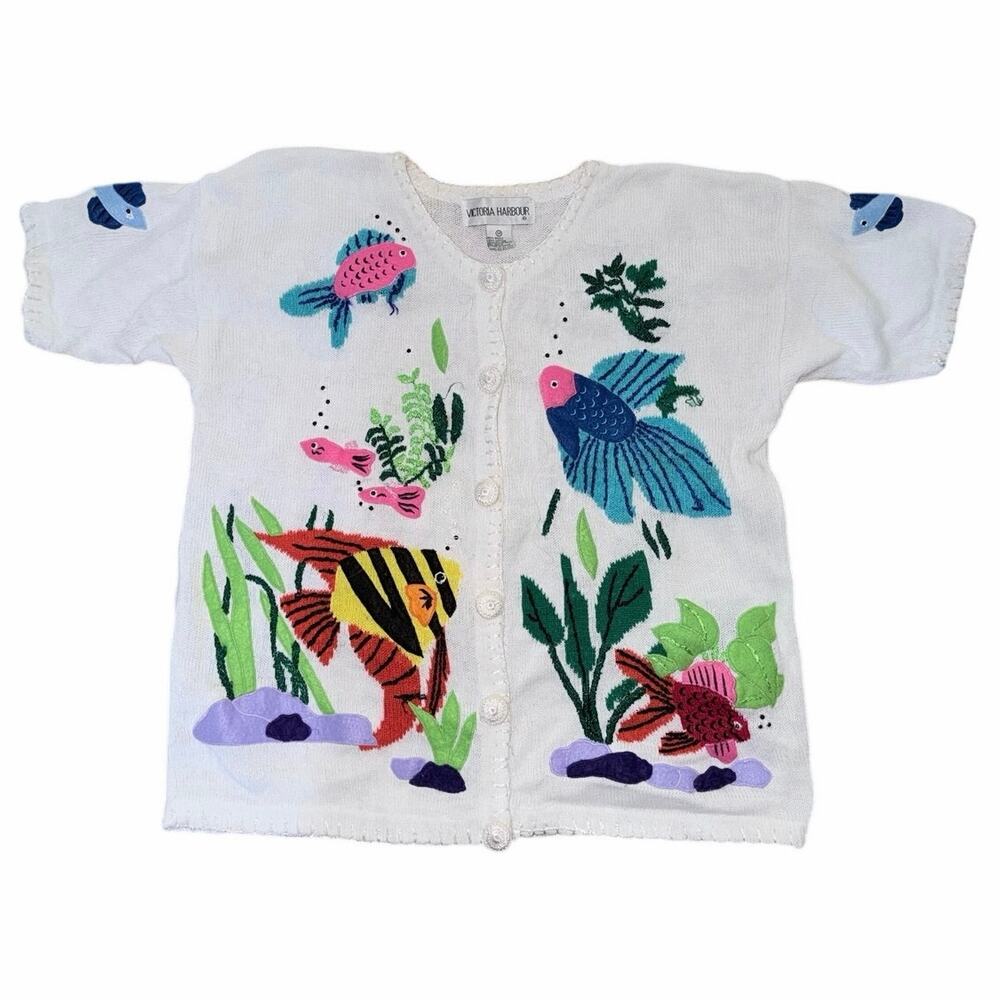 Vintage sea life cotton ramie short sleeve button front cardigan sweater medium